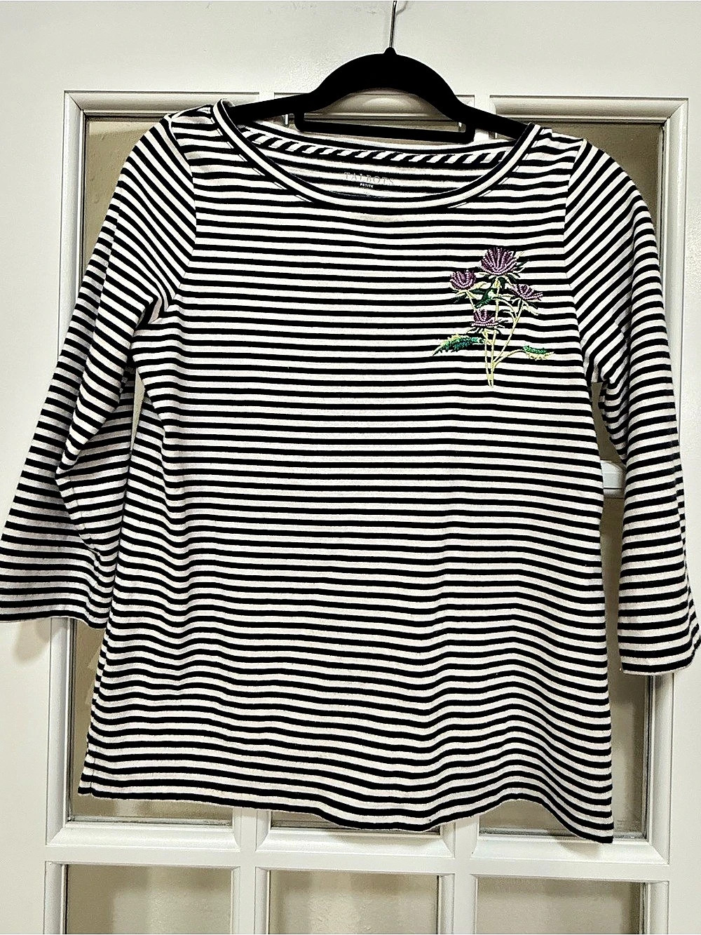 Talbots Striped Beaded Floral Top Blue & White Size Medium